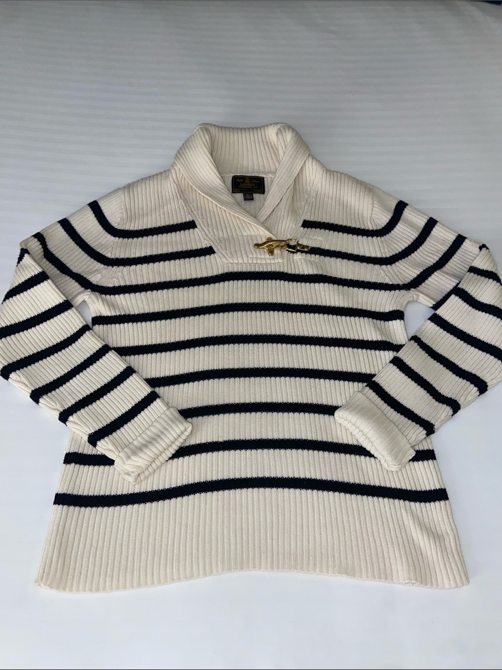 Ralph Lauren Cream & black Striped Shawl-Collar Toggle Sweater